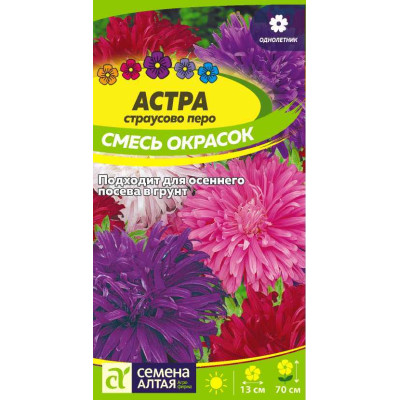 Цветы Астра Страусово Перо Смесь окрасок/Агрофирма 'Семена Алтая'/семена упакованы в цветном пакете 0,3 гр.